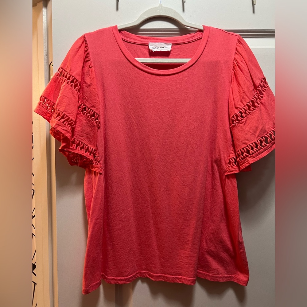 Women's Coral Pink Top with Ruffled Sleeves